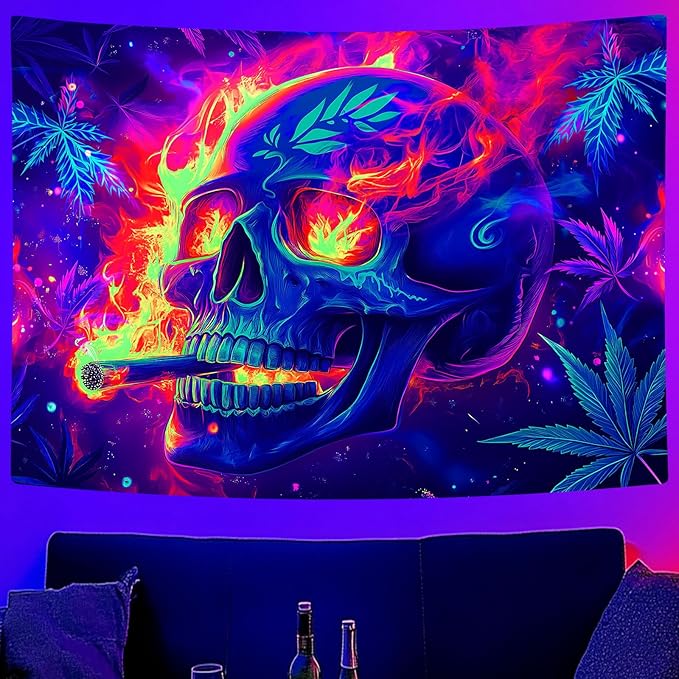 Blacklight Skeleton Tapestry, Glowing Skull UV Reactive Gothic Wall Hanging Tapestries, Glow in the Dark Grim Reaper Magic Horror Face Halloween Poster Tapestry for Bedroom Living Room Decor 70X60IN