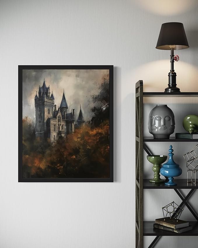 Old Castle Poster Art Print, Halloween Scary Vintage Wall Art Academia Spooky Painting Decoration for Horror Prints, Gothic Posters Bedroom Decor 89 (Old Castle, 8 x 10 inches, Black Frame)
