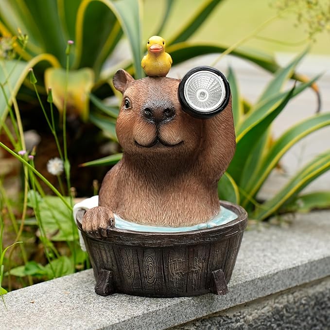 Capybara Solar Garden Statue โ Funny Outdoor Resin Animal Decor with Flashlight & Duck โ Waterproof Yard Lawn Ornament with LED Light โ Solar Powered Figurine for Patio, Porch, Landscape