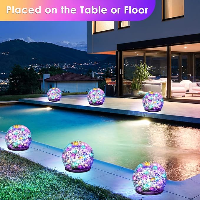 Solar Garden Lights, 2 Pack 80 LED Multicolor Cracked Glass Solar Outdoor Lights Decorative, Upgraded Waterproof Ball Light for Yard Pathway Patio Lawn Christmas Outside Decor, 5.9"