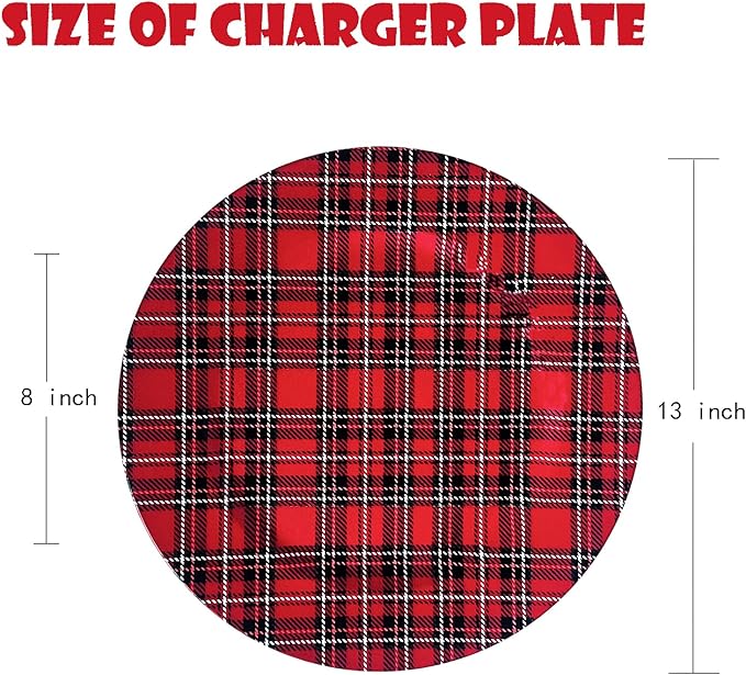 Henilosson Round 13 inch Charger plate - Classic Red Plaid design Charger - Christmas and New Year placemat (6, red+line)