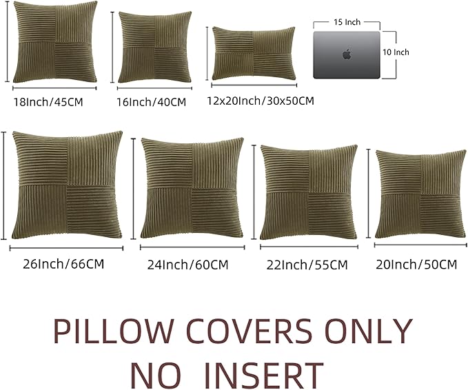 Fancy Homi 2 Packs Olive Green Decorative Throw Pillow Covers 16x16 Inch for Living Room Couch Bed, Rustic Farmhouse Boho Home Decor, Soft Corss Patchwork Corduroy Textured Cushion Case 40x40 cm