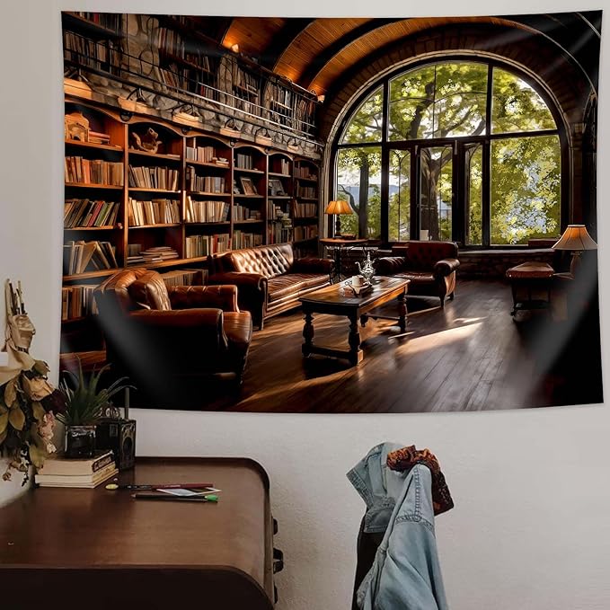 dueeia Book Library Tapestry Wall Hanging Medieval Bookshelf Vintage Window Bookcase Backdrop Wall Decor for Bedroom Aesthetic Living Room Office (90.6"x70.9")