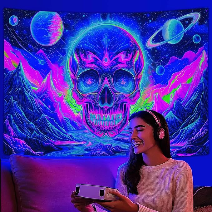 Blacklight Skull Tapestry, UV Reactive Gothic Skeleton Mountain Galaxy Planet Wall Hanging Tapestries, Glow in the Dark Horror Face Halloween Aesthetic Poster for Bedroom Living Room Decor 60X40IN