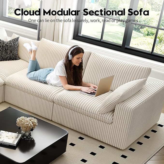 157.5" Cloud Couch Modular Sectional Sofa for Living Room,Modern Sofa with Deep Seat,4 Seater Boneless Couch,Comfy Upholstered Corduroy Couches for Apartment, Studio, Office,Bedroom,White