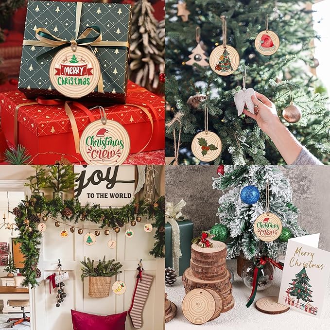100 Pack Nature Wood Slices for Crafts,2.4-2.8In Unfinished Natural Wood Rounds.Wood Circles Predrilled with Hole and 20m Rope for Wooden Craft Supplies,Painting,Christmas Ornaments,DIY Gifts