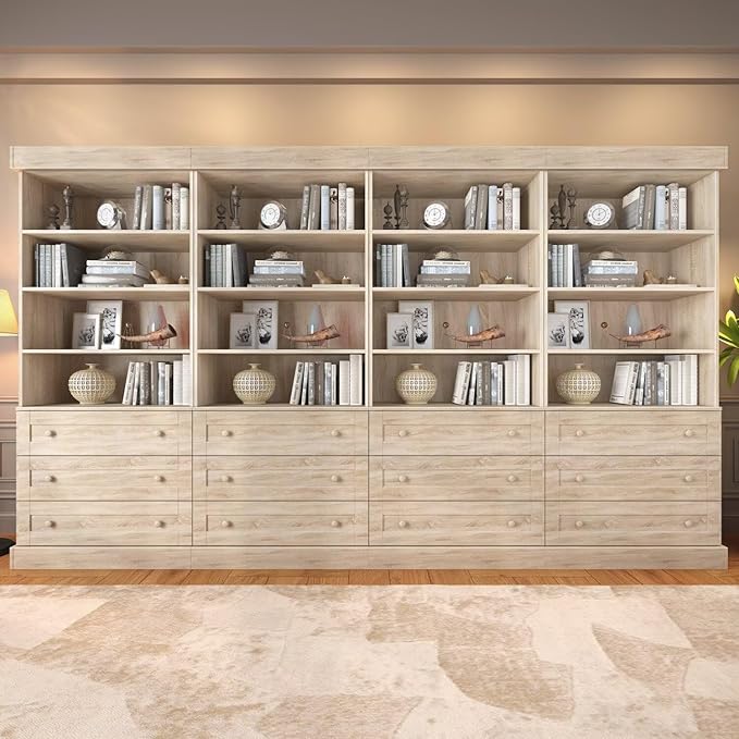 Vyre 71" Tall Farmhouse Bookshelves with Drawers, Large Modular Bookcase with Adjustable Shelves, Storage Cabinet for Living Room, Home Office, Kitchen, Brown