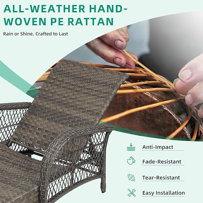 VIVIJASON Outdoor Wicker Chaise Lounge Chair, All-Weather PE Rattan Cushioned Patio Lounger Set with Side Table, 6-Position Adjustable Outside Pool Sunbathing Recliner with Armrest & Pillow, Gray