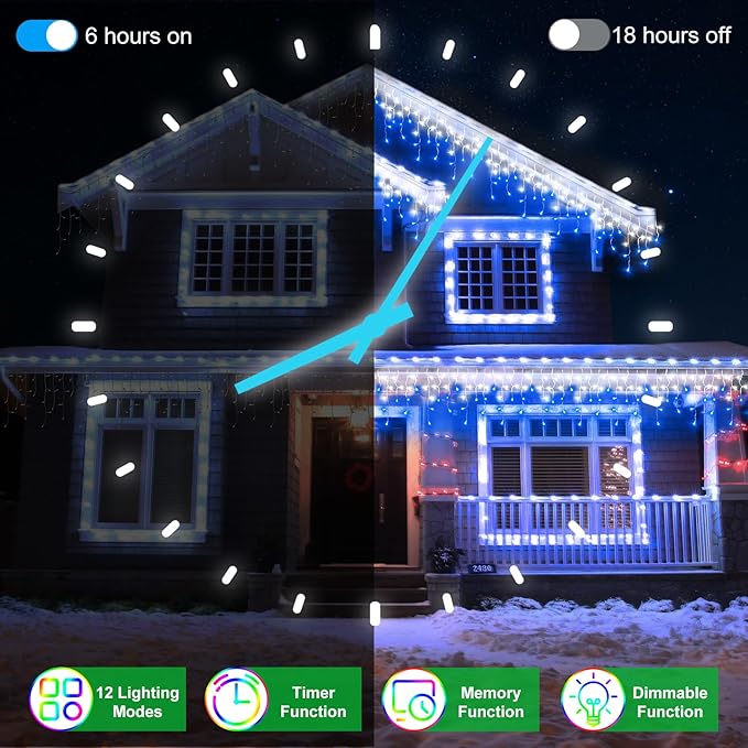 132FT 1332 LED Outdoor Christmas Lights - 296 Ice Drops, 12 Pro Modes with Timer Memory & Brightness, Waterproof Hanging Ice String Light for Holiday Wedding Garden Fence House Decor (White & Blue)