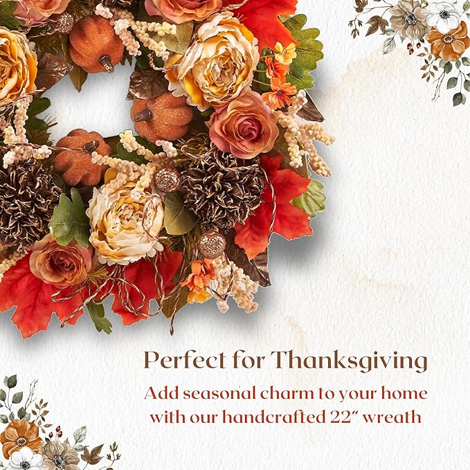 22" Fall Harvest Mixed Wreath - Premium Handcraft Fall Wreaths for Front Door | Perfect for Autumn & Thanksgiving Decor