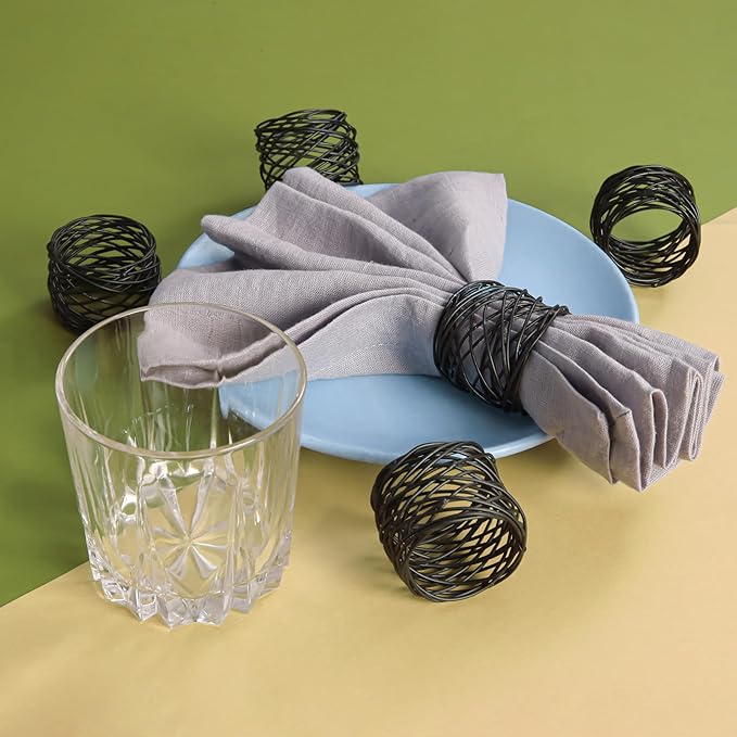 12 PCS Heavy Duty Metal Napkin Rings Set - Elegant Round Mesh Design for Table Decor, Durable Serviette Holders for Wedding, Dinner Party, Everyday Use (Black) - ALPHA Living HOME