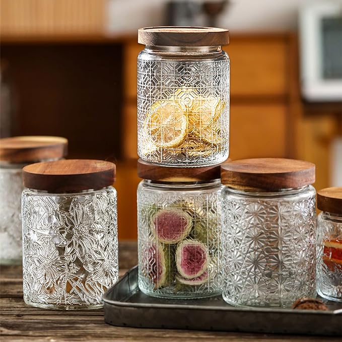 Vintage Glass Jars with Wooden Lids, 24 oz Airtight Glass Food Storage Containers Sets for the Kitchen, Sugar Coffee Tea Cookie Candy Spice Pasta