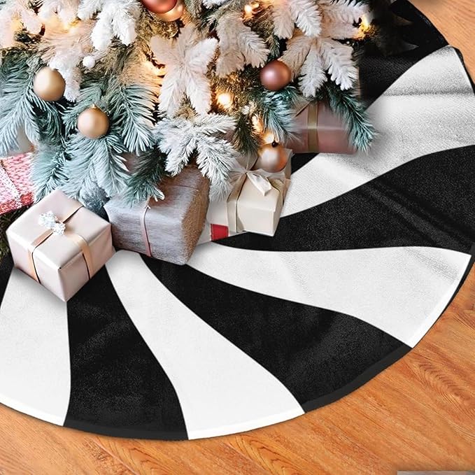 48" Black and White Peppermint Candy Christmas Tree Skirt, Tree Mat Base Cover for Xmas Festive Holiday Party Decoration Ornaments