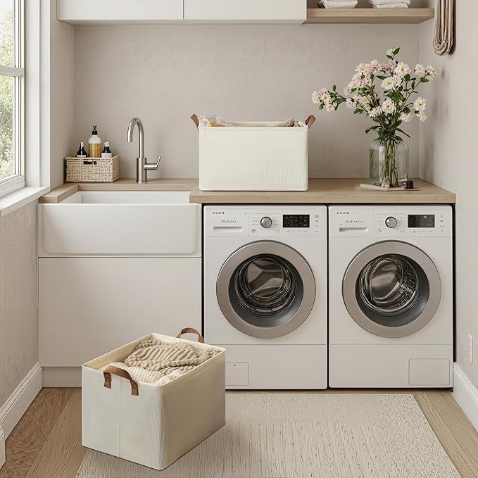 StorageWorks Storage Bins, Shelves Baskets for Organizing, 45L Extra Large Fabric Closet Organizers with Handles, Metal Frame, Beige(Texture), 2-Pack