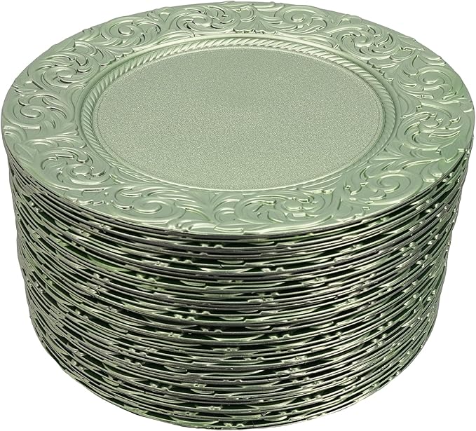 Antique Charger Plates Set 13'' Round Embossed Dinner Plate Chargers Plastic Elegant Floral Plates for Dinner Wedding Party Event Table Kitchen Decoration 100PCS (Green 100Pcs)
