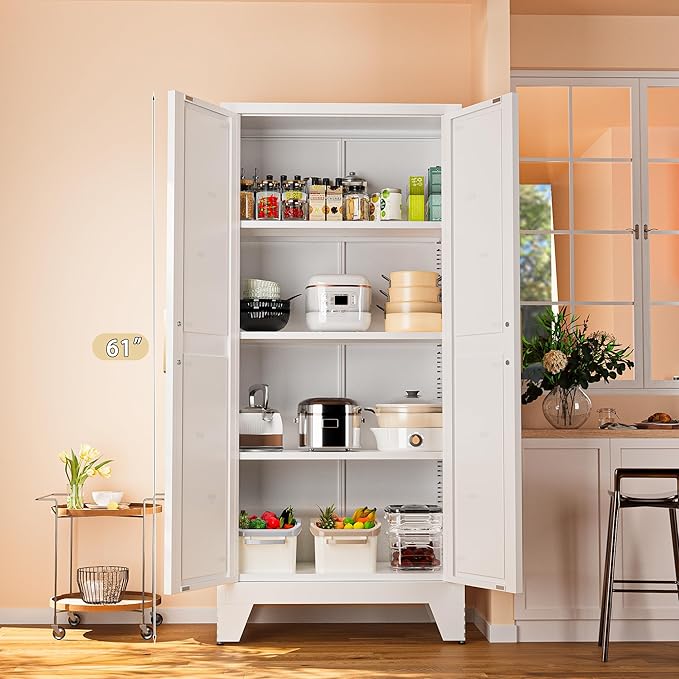 61" Tall Farmhouse Metal Pantry Cabinet, Kitchen Pantry Storage Cabinets with 2 Barn Door and Adjustable Shelves,Metal Pantry Storage Cabinet,for Kitchen,Laundry Room,Home Office,Kids Room (White)