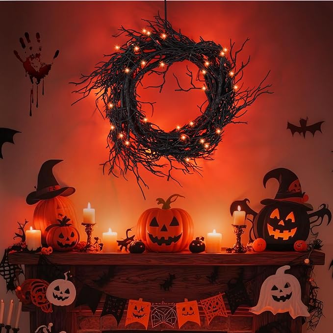 9 Ft 66 LED Willow Vine Twig Decor Black Halloween Garland with Orange Lights, Timer 8 Modes Waterproof Battery Operated Indoor Halloween Decorations for Wall Fireplace Mantle Home Office Party Decor