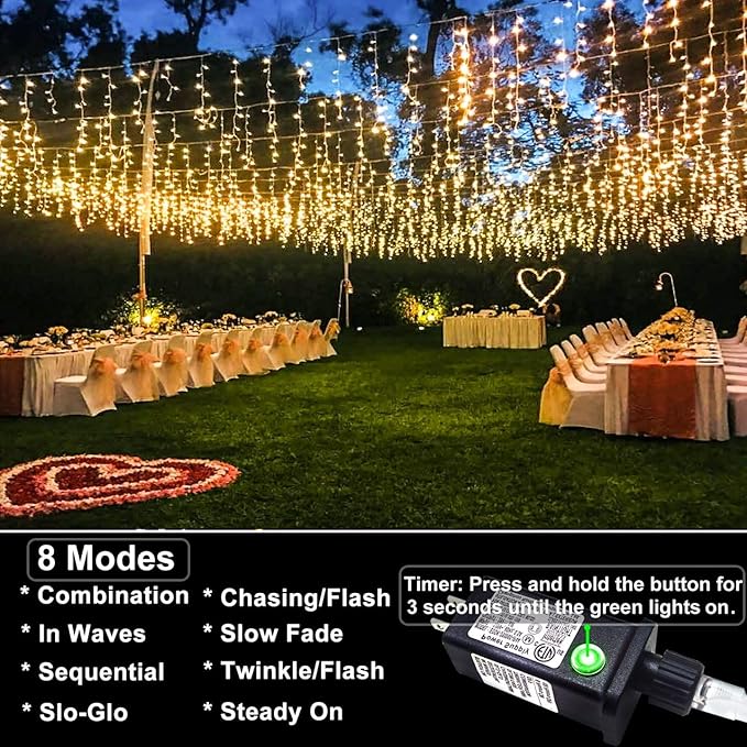 132ft Icicle Lights for Outside - 1280 LED Warm White Twinkle Lights with 240 Drops, 8 Modes Plug in Waterproof Timer Memory. Cannot be Extended. The Plug is in the Middle (66ft+66ft)