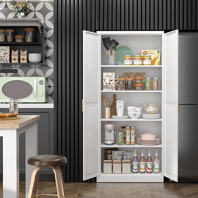 Kitchen Pantry Cabinet,71”White Metal Pantry Storage Cabinet with Doors and 4 Adjustable Shelves,Kitchen Cabinet with 2 Gold Handles,Tall Cabinet for Livingroom,Pantry, Bathroom,Kitchen