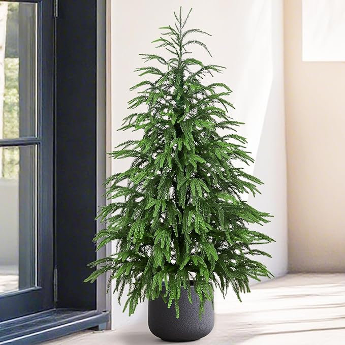 Artificial Norfolk Pine Tree, 3 ft Realistic Christmas Tree, Fake Potted Plants for Front Porch Outdoor Indoor Garden Christmas Decor
