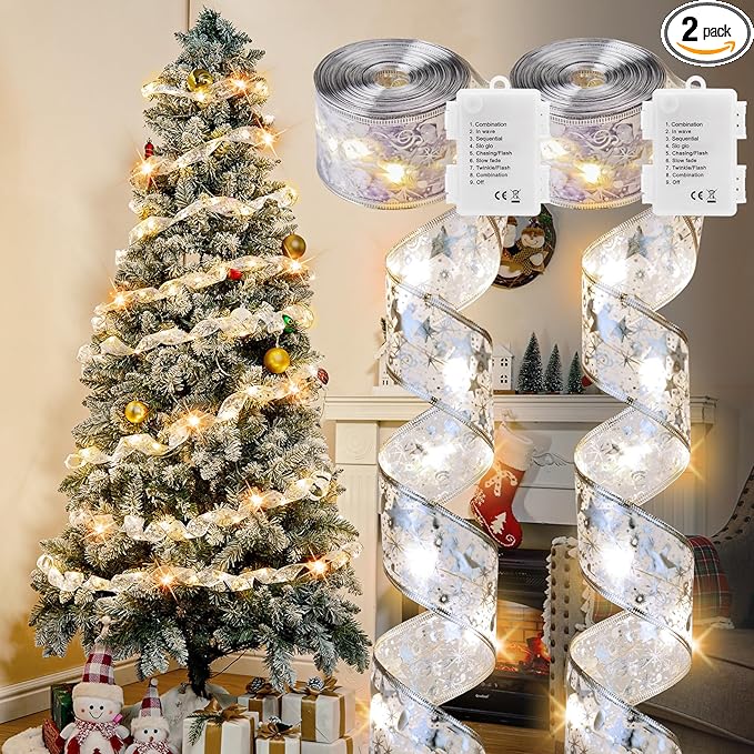 2 Pack Christmas Tree Ribbon String Lights - 33ft 100 LED Battery Powered Ribbon Bow Fairy Lights with Timer and 8 Lighting Modes for 6ft - 8ft Christmas Tree New Year Decor, Silver Ribbon