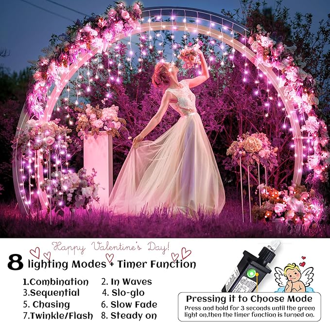 66ft Icicle Lights for Outside, Pink Christmas Lights Outdoor Waterproof for House, 640 LED Twinkle Tree Light with 120 Drops Clear Wire Short Curtain Light for Room Home Wall Indoor Decorations