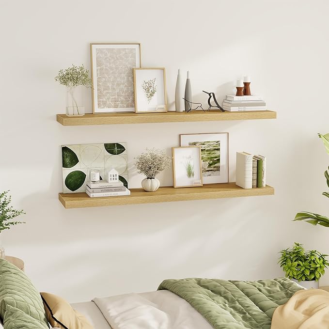 Fun Memories 55 Inch Floating Shelves for Wall 2 Pack Shelves for Bedroom|Kitchen|Bathroom 55 x 9.3 Inch Wood Floating Shelf with Invisible Brackets for Books|Storage|Decor, Oak