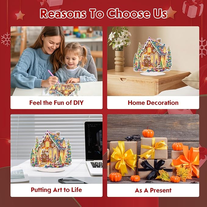 MEIYUDA Christmas Diamond Art Tabletop Kits, Christmas House Diamond Art Painting Desktop Ornaments for Adult, DIY Special Shaped Crystal Desk Placement Ornament for Home Office Decor Crafts Gift