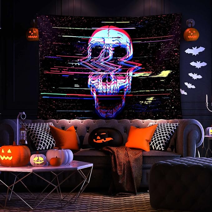 ADDWel Blacklight Skull Tapestry, Black Psychedelic Tapestry Glow In The Dark, UV Reactive Black Light Tapestries Posters Wall Hanging for Bedroom Living Room Dorm Party Backdrop Decor(60 * 80inches)