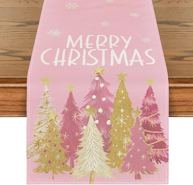 Artoid Mode Xmas Trees Snowflakes Pink Merry Christmas Table Runner, Winter Seasonal Kitchen Dining Table Decoration for Home Party Decor 13x120 Inch