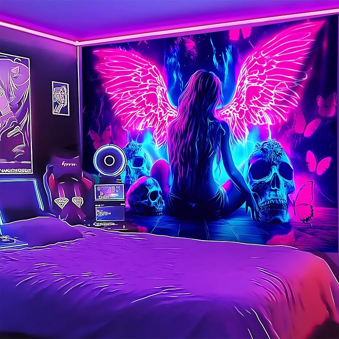 Blacklight Tapestry,WingTapestry Glow In The Dark,UV Reactive Black Light Upright Posters Wall Hanging for Bedroom Dorm Living Room Backdrop Decor (wing12, 59L" x 51W")