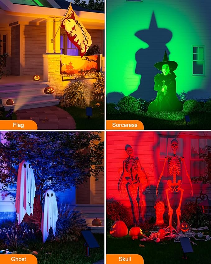 6 Pack Color Changing Solar Power Spot Lights for Halloween Decorations, Skeletons, Tombstones, Ghost, Outdoor Waterproof LED Landscape Spotlight Lamp for Outside Yard, Tree, Flag, Garden, Statues