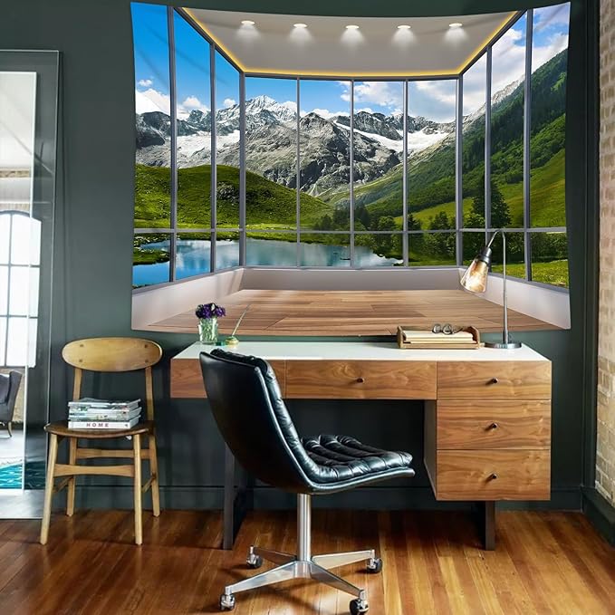 dueeia Window Tapestry Wall Hanging Mountain Forest Lake Nature Landscape Wall Tapestries for Bedroom Office Living Room Wall Decor (59.1"x39.4")
