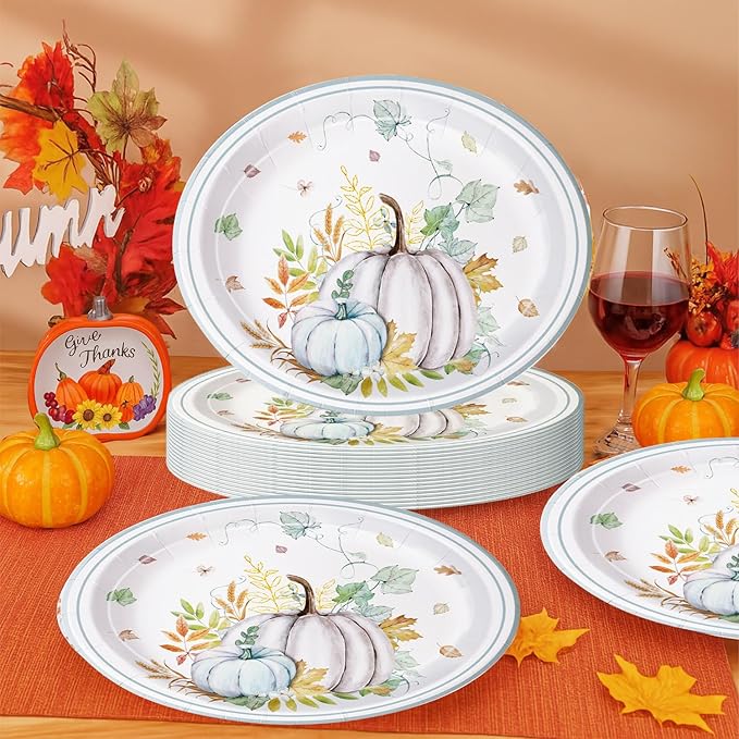 25 Pcs Fall Paper Plates Large 9" X 11" Thanksgiving Pumpkins Maple Leaf Disposable Autumn Dinnerware for Harvest Thanksgiving Party Decorations