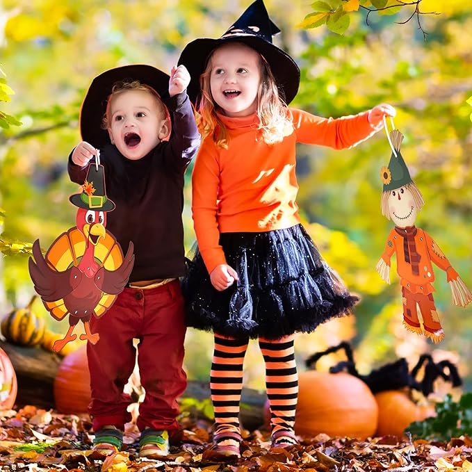 4 Pcs Thanksgiving Fall Harvest Decorations 18 in Turkey Scarecrow Wall Window Home Door Decoration Autumn Hanging Ornament Cutouts Thanksgiving Sign Jointed Figures Pilgrim Decor with Ribbon