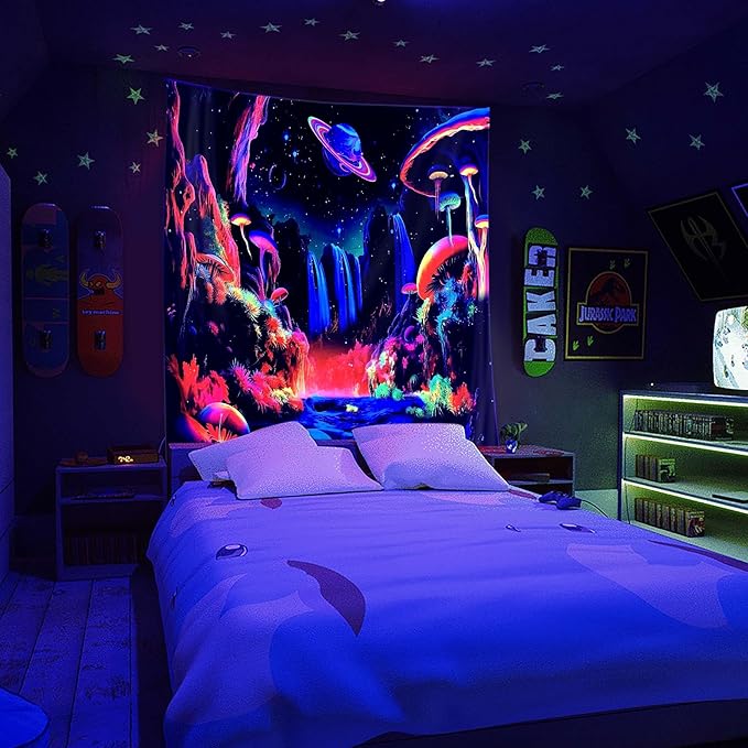 ADDWel Blacklight Mushroom Planet Tapestry, Black Fantastic Tapestry Glow In The Dark, UV Reactive Black Light Posters Wall Hanging for Bedroom Dorm Living Room Backdrop Decor