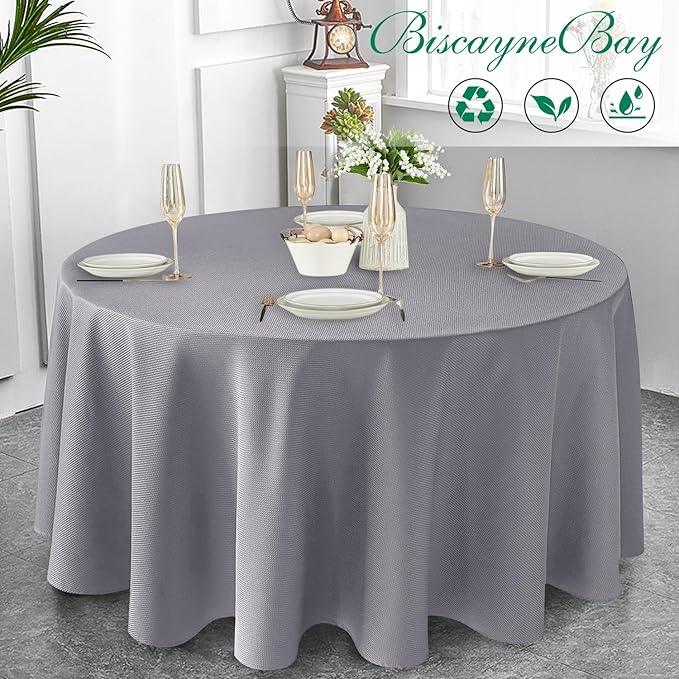 Biscaynebay Textured Fabric Round Tablecloths 108", Silver Grey Water Resistant Table Cloth Circle Folding Table Covers Linen for Dining, Kitchen, Wedding and Parties etc. Machine Washable