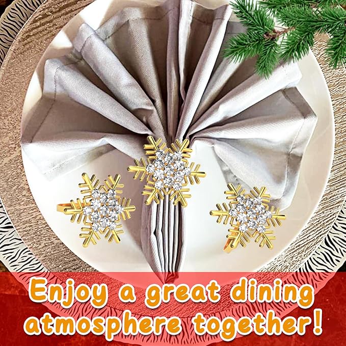 Halatool Set of 8 Christmas Napkin Rings Gold Snowflake with White Rhinestone Napkin Holder for Christmas Thanksgiving Holiday Party Table Decoration