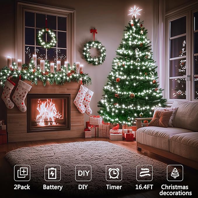 2 Pack Christmas Fairy Lights Battery Operated, 16.4FT 50 LED Dark Green Wire Micro Starry Twinkle Light with Auto Timer Waterproof, Indoor String Lights for Indoor Outdoor Yard Decor (Cool White)