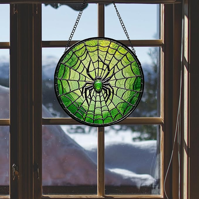Stained Glass Window Hanging - Black Green Horror Spider Web Suncatcher for Doors Garden Patio Sun Catchers Decor Christmas Halloween Birthday Gifts for Women Men Mom Nana Friend 15 in