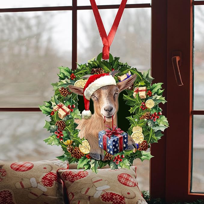 Talataca Goat Wearing A Christmas Hat Wreath Farm Lover 2D Flat Car Rear View Mirror Accessories Christmas Tree Ornament Decoration Hanging Charm Interior Rearview Pendant Decor Gift