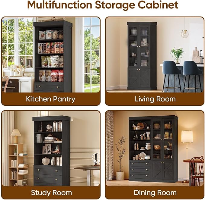 Vyre 71" Tall Farmhouse Bookshelves with Drawers, Set of 2 – Large Modular Bookcase with Adjustable Shelves, Storage Cabinet for Living Room, Kitchen, Home Office, Black