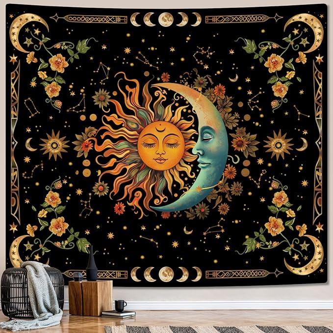 ARTCREATOR Sun and Moon Tapestry Astrology Space Wall Hanging Boho Hippie Floral Plant Tapestries Aesthetic Vintage Mandala Flower Decor for Living Room Bedroom (59" x 78")