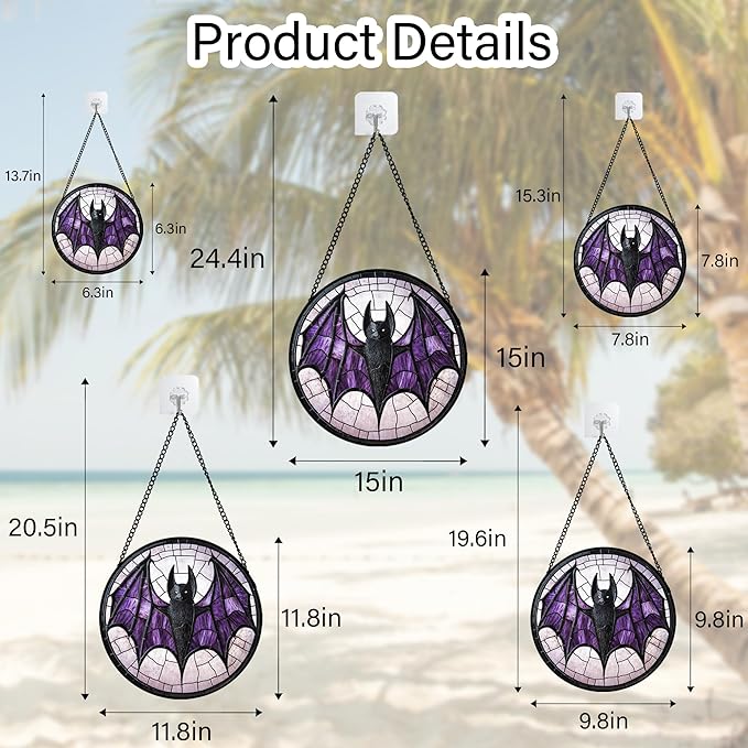 Stained Glass Window Hanging - Halloween Black Bat Purple Wings Monster Suncatcher for Doors Garden Home Spooky Sun Catchers Gothic Decor Horror Gift for Women Men Friend Boy Girl 6.3 in