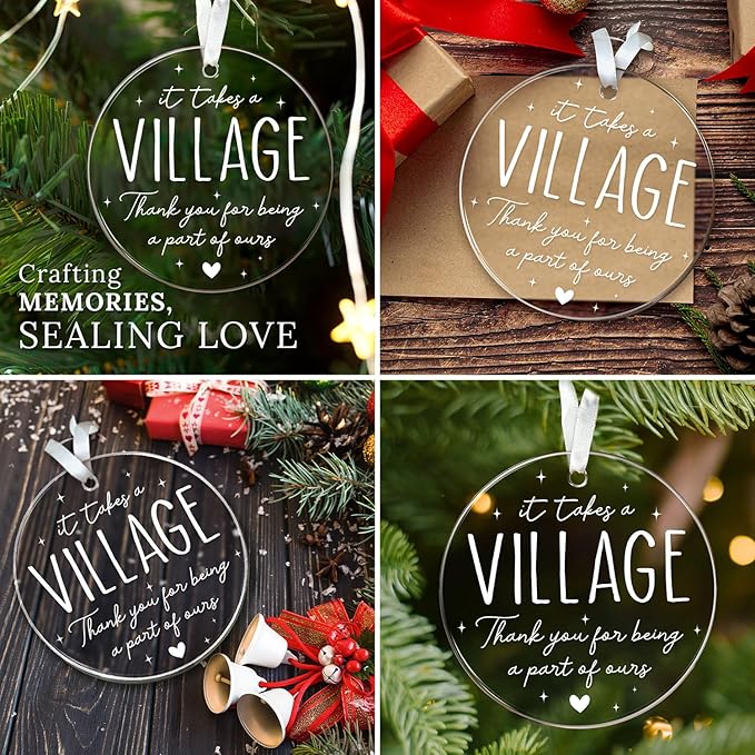 HEXMOZ Thank You Gifts for Women, Men - It Takes a Village Ornament - Teacher Ornament - Appreciation Gift for Teacher Coworker Daycare Provider Nanny Babysitter Coach - Acrylic Christmas Ornaments