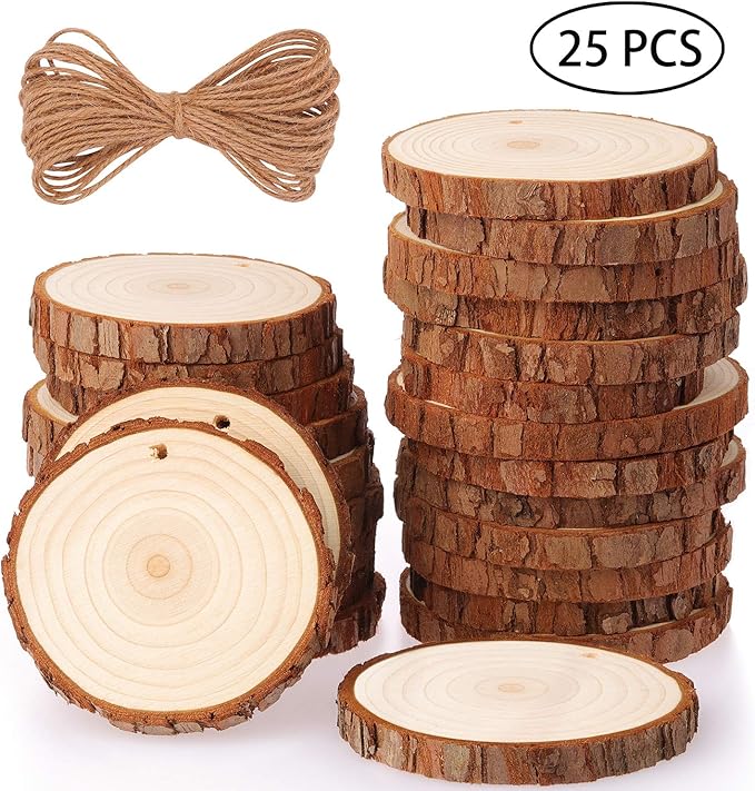 Fuyit Natural Wood Slices 25 Pcs 3.1-3.5 Inches Craft Wood Kit Unfinished Predrilled with Hole Wooden Circles Tree Slices for Arts and Crafts Christmas Ornaments DIY Crafts