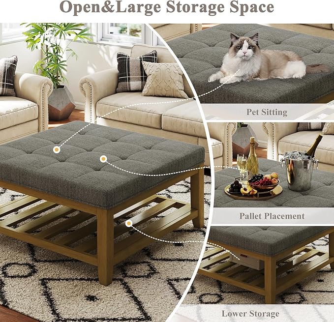 Large Square Ottoman Coffee Table, Linen Solid Upholstered Footrest Ottoman with Solid Wood Shelf Storage Tufted Coffee Table for Bedroom Living Room, Granite