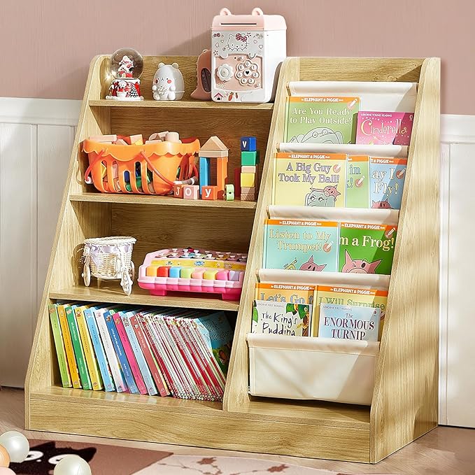 Kids Bookshelf, 4-Tier Kids Wooden Bookshelf with Toy Storage Montessori Toy Shelf, 32โL x 16โD x 32โH Nursery Bookshelves Childrens Bookcase Baby Toddler Book Shelf for Kids Rooms Clearance