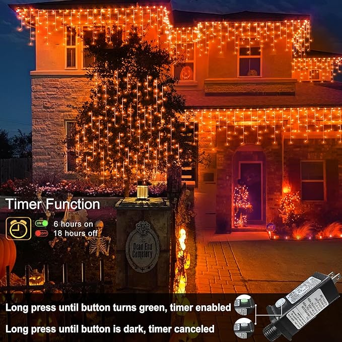 66ft Orange Halloween Lights Outdoor, 640LED Icicle Lights for Outside Indoor Twinkle Christmas Light with Connectable Clear Wire 8 Modes Timer Waterproof for House Party Tree Holiday Yard Patio Decor