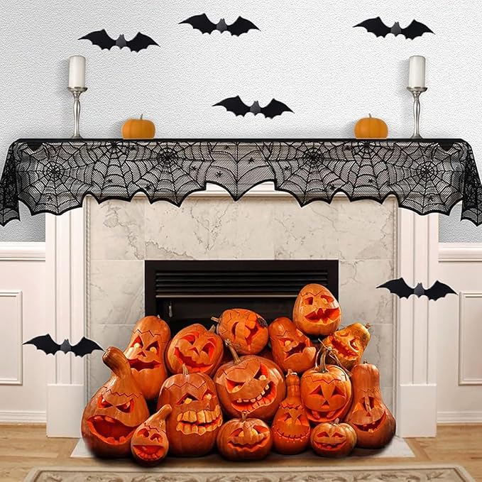 1-Pack Halloween Table Runner, Black Spider Stars Lace Table Runner, Gothic Kitchen Decor, Fall-Themed Party Decorations, Spider Web Reusable Home Accent, 18 x 72 Inches